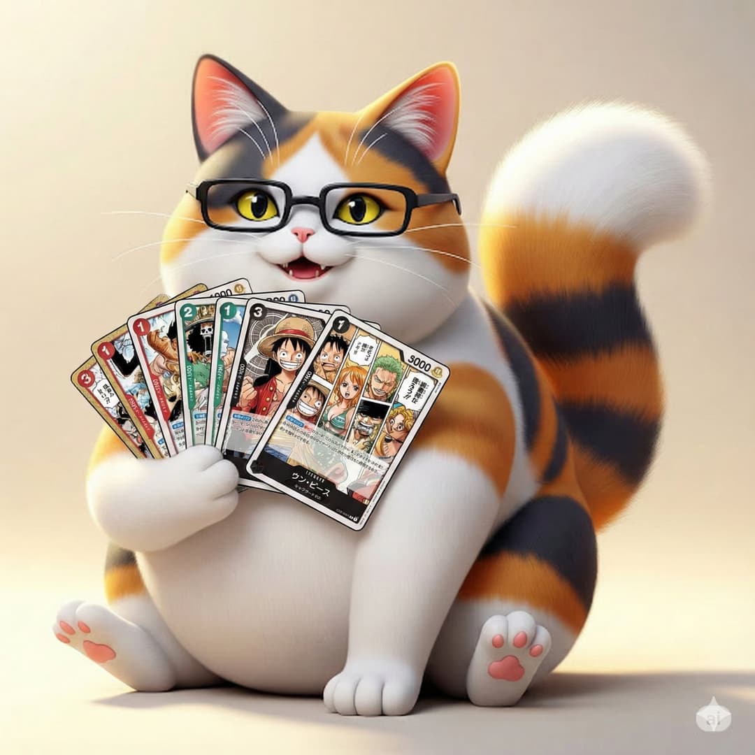 Puskal the TCG cat mascot fanning trading cards