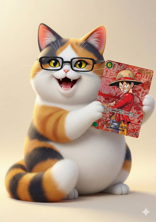 Puskal the calico cat mascot holding a One Piece card